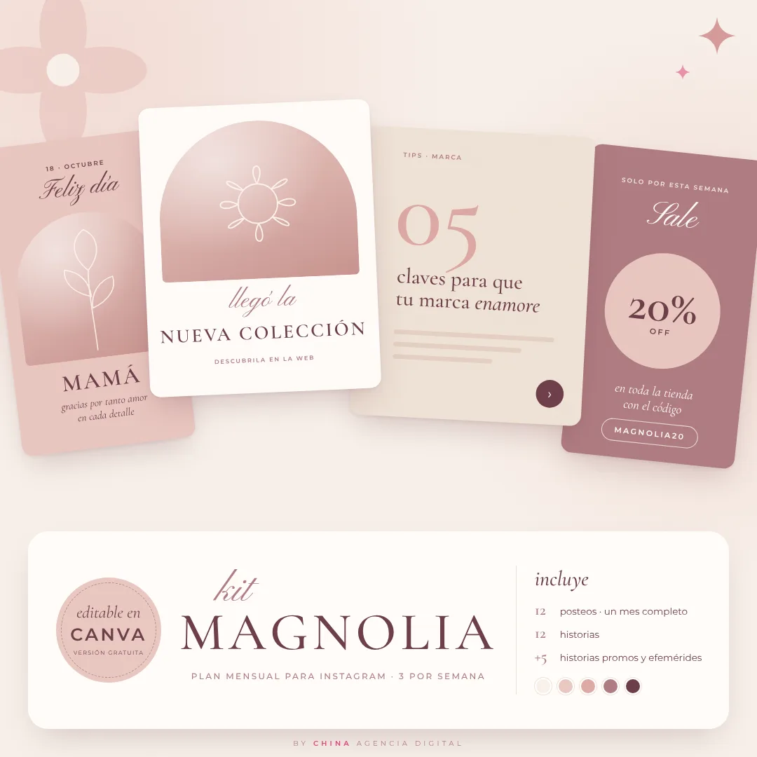 Portada del Kit Magnolia: plantillas de Canva en tonos rosa con diseños para efemérides, nueva colección, tips de marca y promociones.