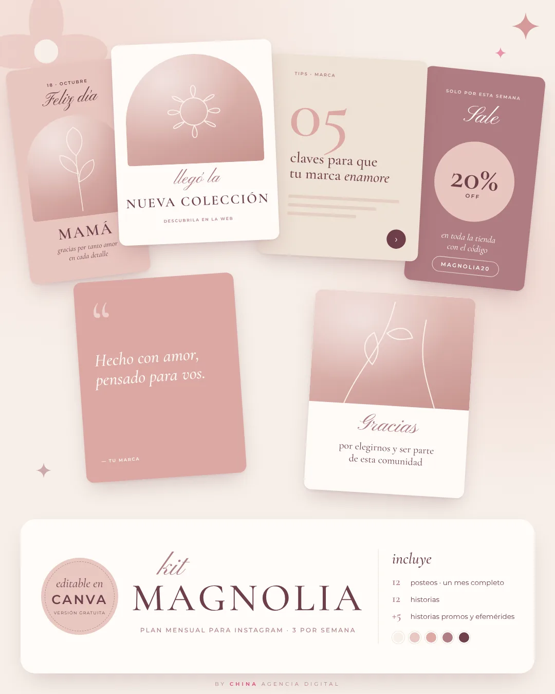 Portada del Kit Magnolia con ejemplos de posteos e historias en tonos rosa.