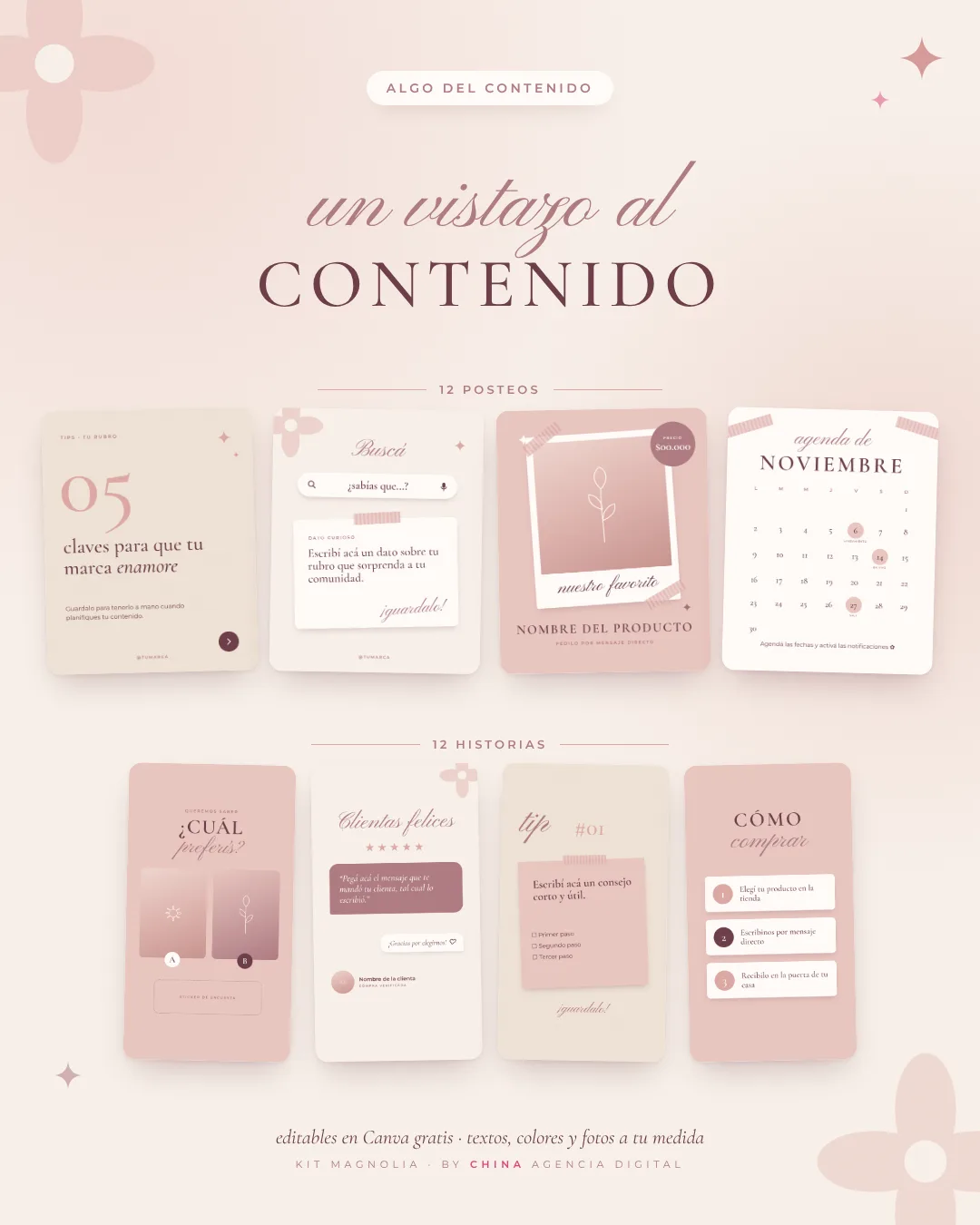 Vistazo al contenido del Kit Magnolia: posteos de tips, dato curioso, producto y agenda, e historias de encuesta, reseñas, tip y cómo comprar.